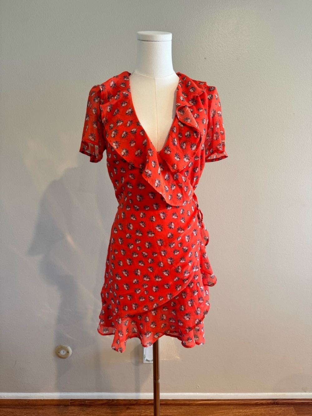 Beach Riot Red Floral Mini Wrap Dress with Ruffle Neckline